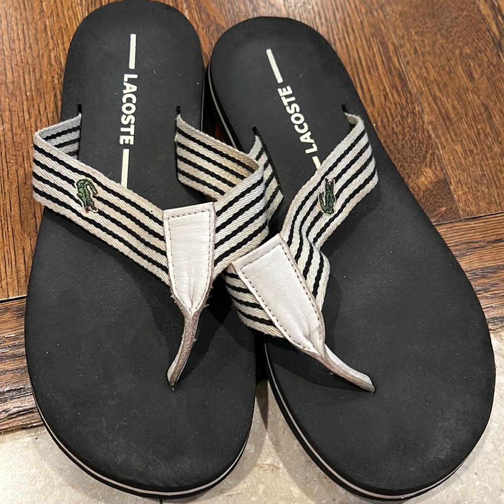 Lacoste Black & White Striped Flip Flops